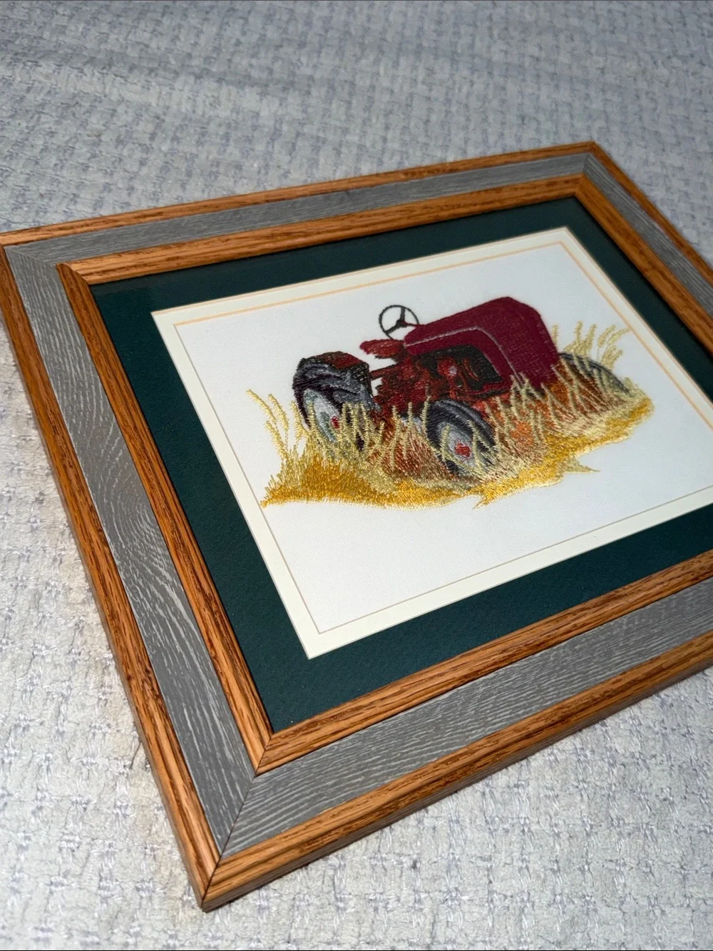 Vtg Needlepoint Embroidered Red Tractor Crewel Barn wood Frame Wall Hanging